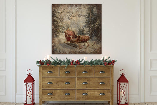 VINTAGE CHRISTMAS SLEIGH Sled Vintage Square Distressed Christmas Canvas Sign Modern Farmhouse Decor Large Canvas Rustic Wall Art Metal