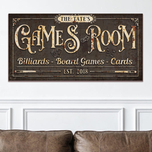GAMES ROOM Sign PERSONALIZED Vintage Large Rustic Custom Canvas Farmhouse Basement Wall Art