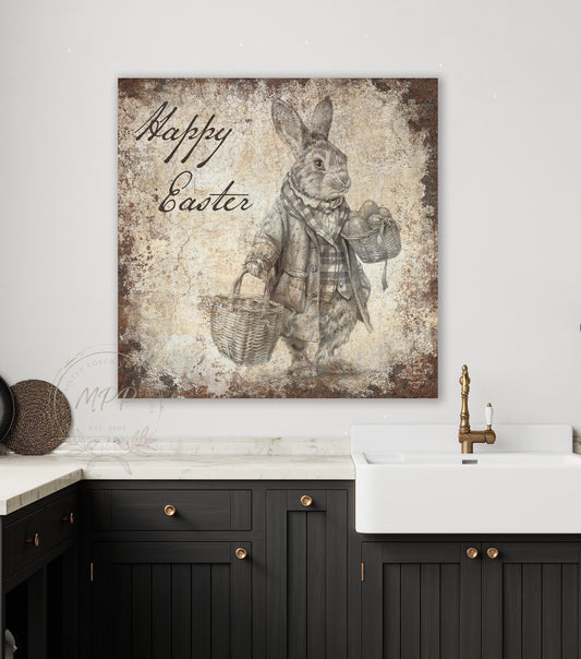 EASTER Bunny Sign Vintage Inspired Wall Art Print Large Rustic Square Canvas Modern Farmhouse Decor