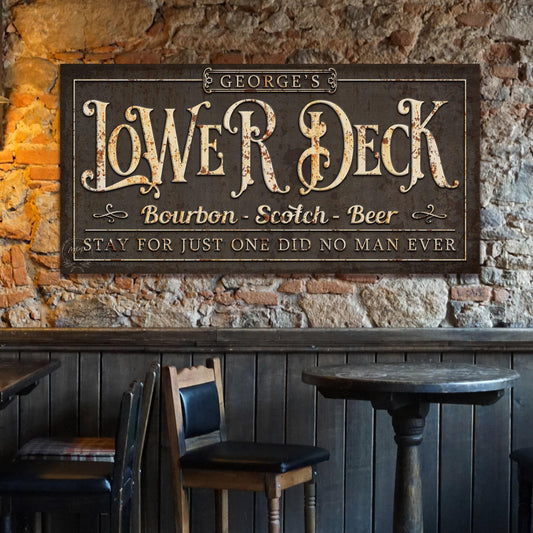 LOWER DECK Name Sign Vintage Basement Bar and Lounge Mancave Rustic Canvas Wall Art Print