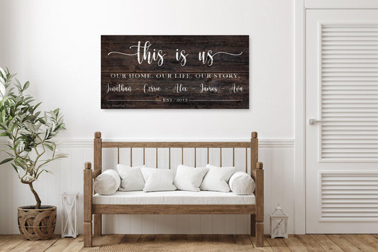 This Is Us Family Name Sign | Vintage Wood Look Canvas | Farmhouse Wall Art