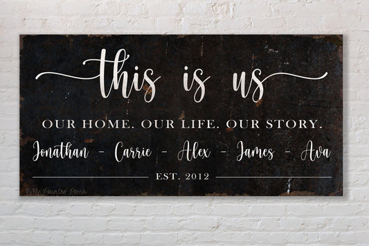 THIS IS Us Name Sign Vintage Personalized Custom Farmhouse Wall Art Print Rustic Large Canvas Decor