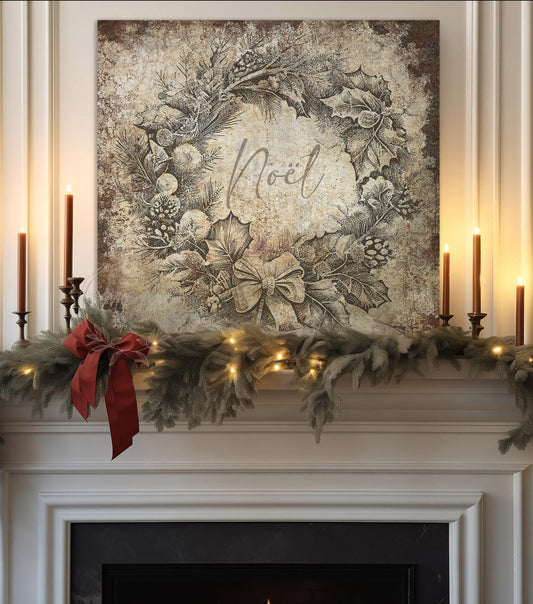 VINTAGE CHRISTMAS Sign Noel Wreath Square Distressed Canvas Farmhouse Decor Large Rustic Art Print