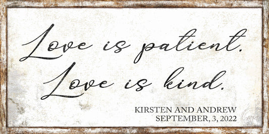 LOVE IS PATIENT Vintage Above The Bed Personalized Wedding Name Sign For Couple