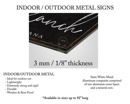 The image is a close-up of a black metal sign with white text, likely used for indoor or outdoor metal signs.