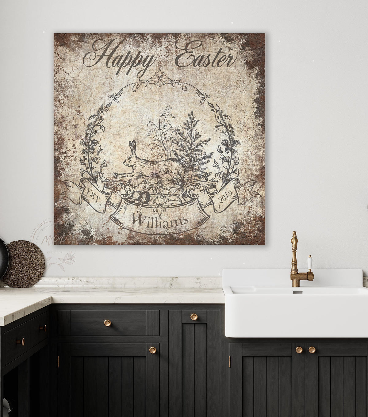Vintage EASTER Basket Wall Art WREATH Personalized Rustic Square Distressed Canvas Print