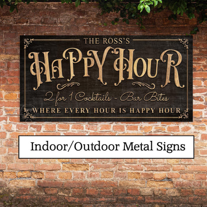 METAL Patio Happy Hour Custom Personalized Bar and Grill Outdoor Vintage Family Name Sign