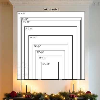 a wall with a large, square-shaped frame containing a series of smaller images arranged in a grid-like pattern. The images vary in size, ranging from 12" to 36" in width. The frame is set against a backdrop of holiday decorations, including pine branches and red berries. The image does not contain any text, and the relative positions of the images to each other are consistent with a grid-like pattern.