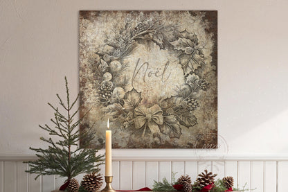 VINTAGE CHRISTMAS Sign Noel Wreath Square Distressed Canvas Farmhouse Decor Large Rustic Art Print