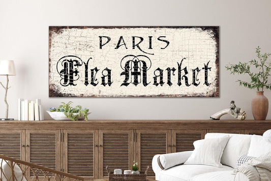 FLEA MARKET Sign Paris French Country Inspired Decor Large Rustic Distressed Canvas Print