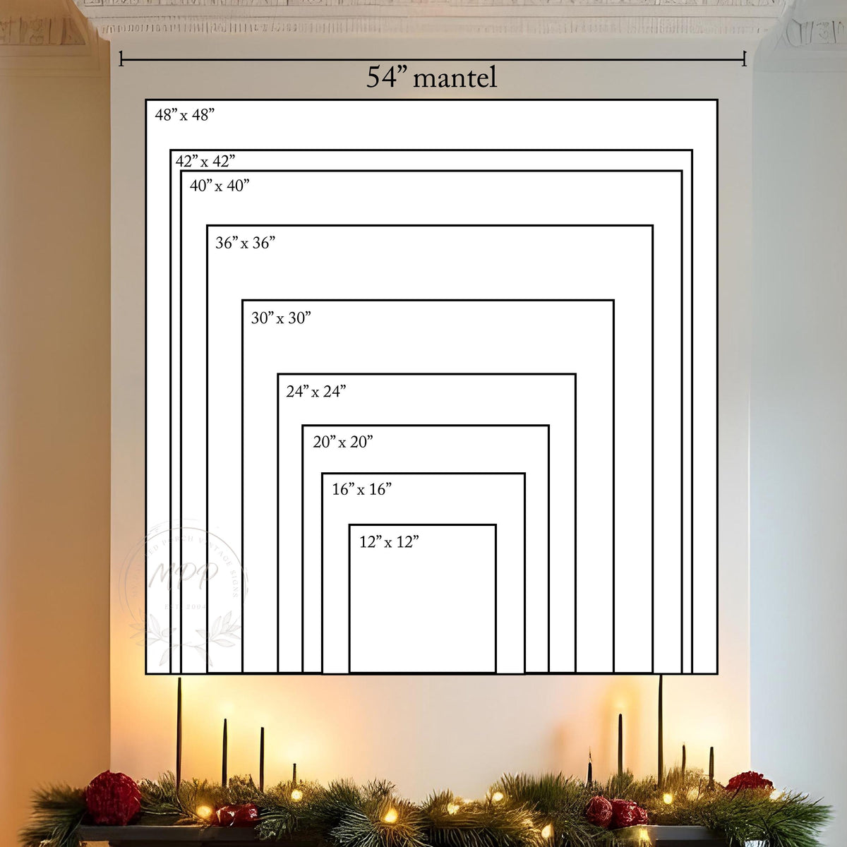 a wall with a large, square-shaped frame containing a series of smaller images arranged in a grid-like pattern. The images vary in size, ranging from 12" to 36" in width. The frame is set against a backdrop of holiday decorations, including pine branches and red berries. The image does not contain any text, and the relative positions of the images to each other are consistent with a grid-like pattern.