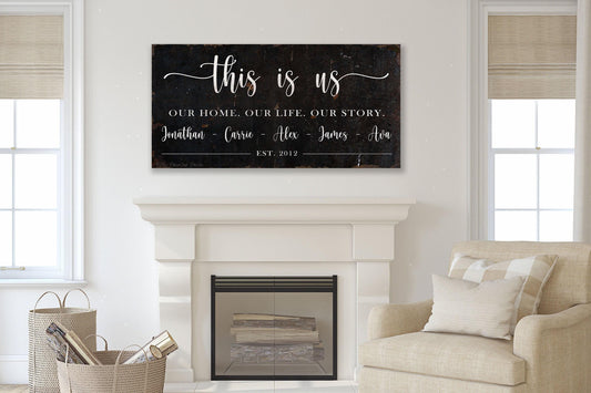 THIS IS Us Name Sign Vintage Personalized Custom Farmhouse Wall Art Print Rustic Large Canvas Decor