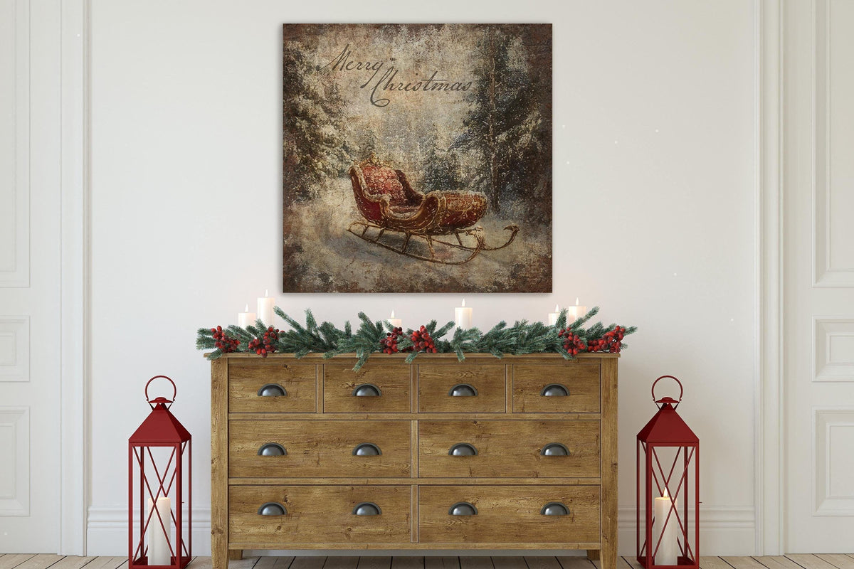VINTAGE CHRISTMAS SLEIGH Sled Vintage Square Distressed Christmas Canvas Sign Modern Farmhouse Decor Large Canvas Rustic Wall Art Metal