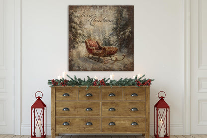 VINTAGE CHRISTMAS SLEIGH Sled Vintage Square Distressed Christmas Canvas Sign Modern Farmhouse Decor Large Canvas Rustic Wall Art Metal