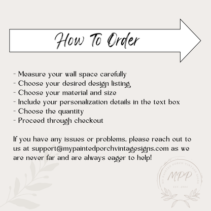 The image is a simple, straightforward text box with instructions for ordering, including measurements, design choices, and checkout procedures.