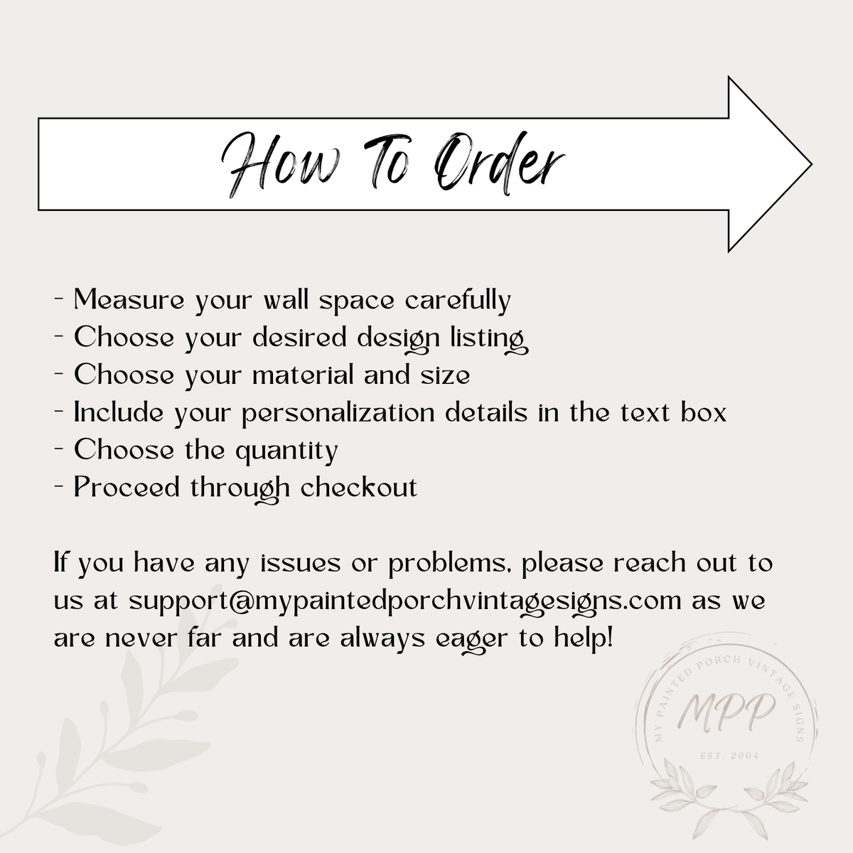 The image is a simple, straightforward text box with instructions for ordering, including measurements, design choices, and checkout procedures.