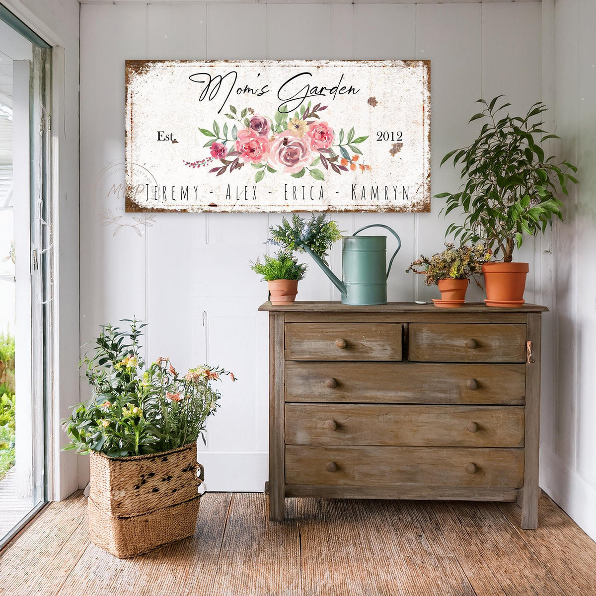 MOM Mothers Day Gift For Her Vintage Kids Names Garden Canvas Wall Art Cottage Decor