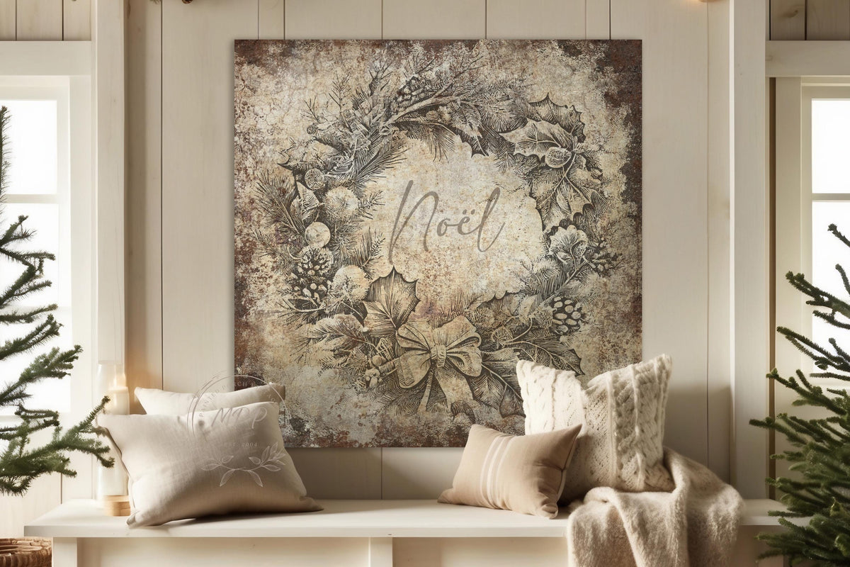 VINTAGE CHRISTMAS Sign Noel Wreath Square Distressed Canvas Farmhouse Decor Large Rustic Art Print