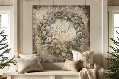 VINTAGE CHRISTMAS Sign Noel Wreath Square Distressed Canvas Farmhouse Decor Large Rustic Art Print