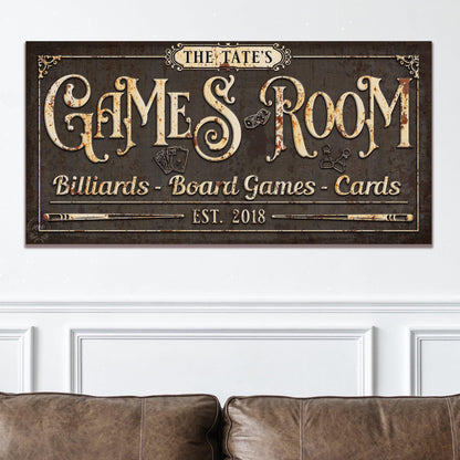 GAMES ROOM Sign PERSONALIZED Vintage Large Rustic Custom Canvas Farmhouse Basement Wall Art