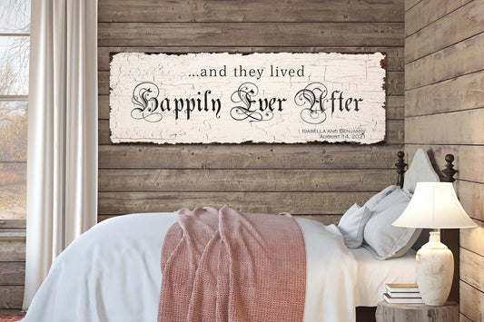 Wedding Couple HAPPILY EVER AFTER Personalized Sign Anniversary Custom Rustic Bedroom Wall Art