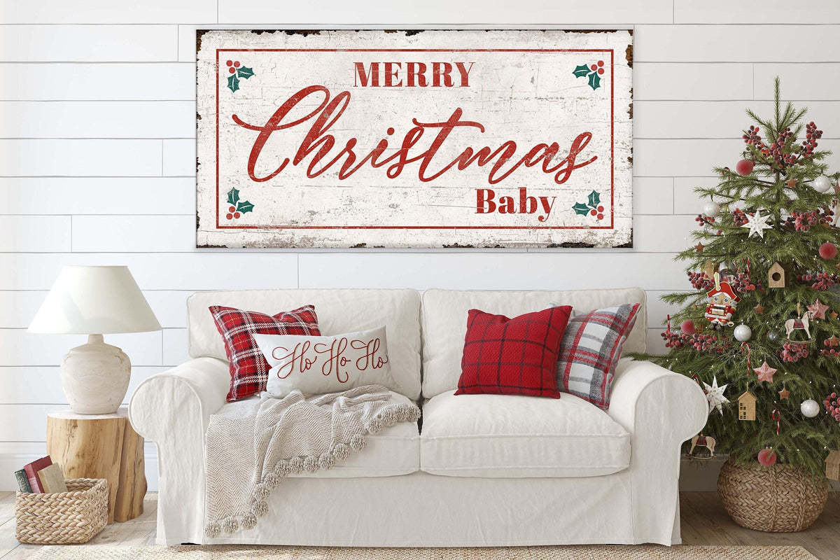 Vintage MERRY CHRISTMAS BABY Sign Large Modern Farmhouse Rustic Wall Art