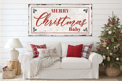 Vintage MERRY CHRISTMAS BABY Sign Large Modern Farmhouse Rustic Wall Art
