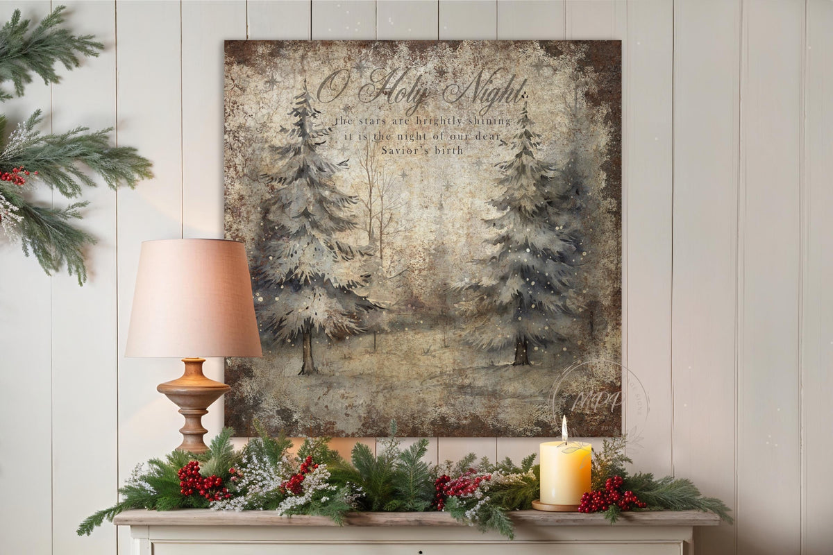 VINTAGE CHRISTMAS Wall Print Pine Forest Square Distressed Christmas Canvas Sign Modern Farmhouse Decor Large Canvas Rustic Wall Art Metal