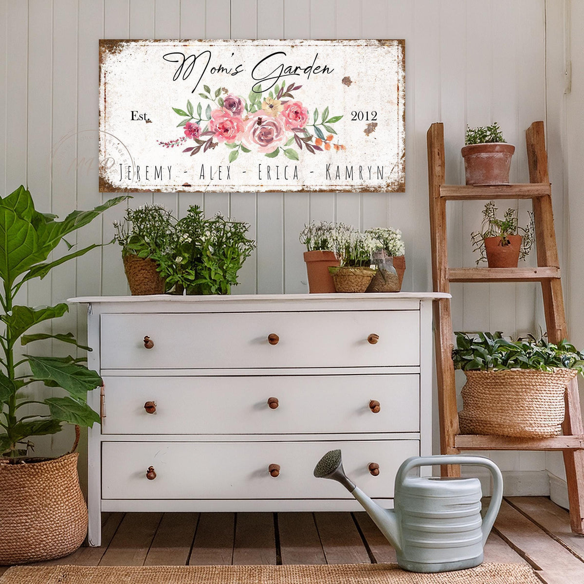 MOM Mothers Day Gift For Her Vintage Kids Names Garden Canvas Wall Art Cottage Decor