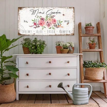 MOM Mothers Day Gift For Her Vintage Kids Names Garden Canvas Wall Art Cottage Decor
