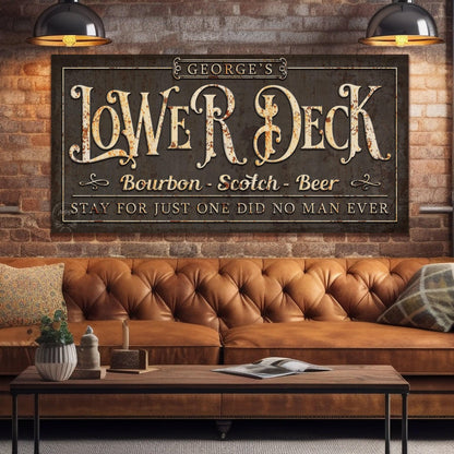 LOWER DECK Name Sign Vintage Basement Bar and Lounge Mancave Rustic Canvas Wall Art Print