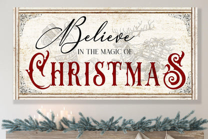 Vintage Christmas Sign BELIEVE IN the MAGIC Farmhouse Wall Decor Distressed Large Rustic Print