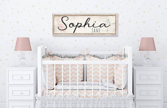 Nursery Name Sign Girl Baby Name Sign For Nursery Wall Art Girl Modern Farmhouse Wall Decor Custom Personalized Girl Name Sign Large Wall Art.  Black lettering with graphic of ballerina and ballet slippers over faux distressed wood frame on canvas.