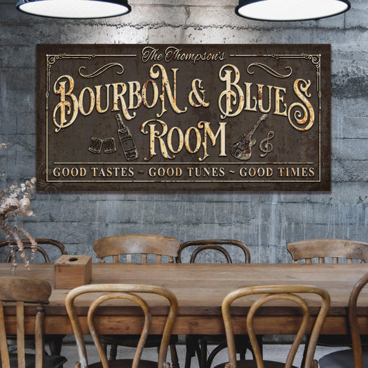 Family Name BOURBON & BLUES Sign Custom Large Rustic Vintage Basement Bar Lounge Man Cave Art Print