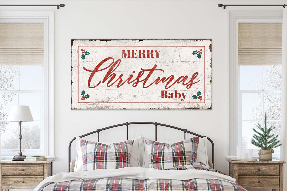 Vintage MERRY CHRISTMAS BABY Sign Large Modern Farmhouse Rustic Wall Art