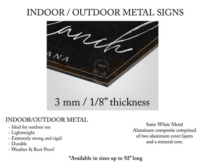 The image is a close-up of a black metal sign with white text, likely used for indoor or outdoor metal signs.