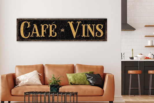 Coffee Wine Sign Cafe Vins French Country Decor Vintage BLACK Farmhouse Canvas Wall Art