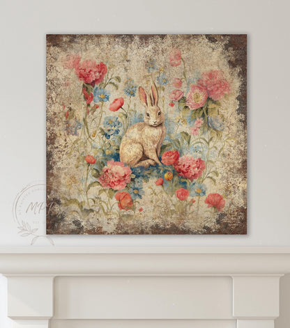 EASTER Bouquet Sign Vintage Inspired Square Distressed Over The Mantel Rustic Canvas Decor