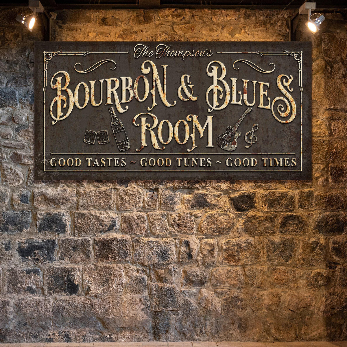 Family Name BOURBON & BLUES Sign Custom Large Rustic Vintage Basement Bar Lounge Man Cave Art Print