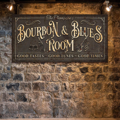 Family Name BOURBON & BLUES Sign Custom Large Rustic Vintage Basement Bar Lounge Man Cave Art Print