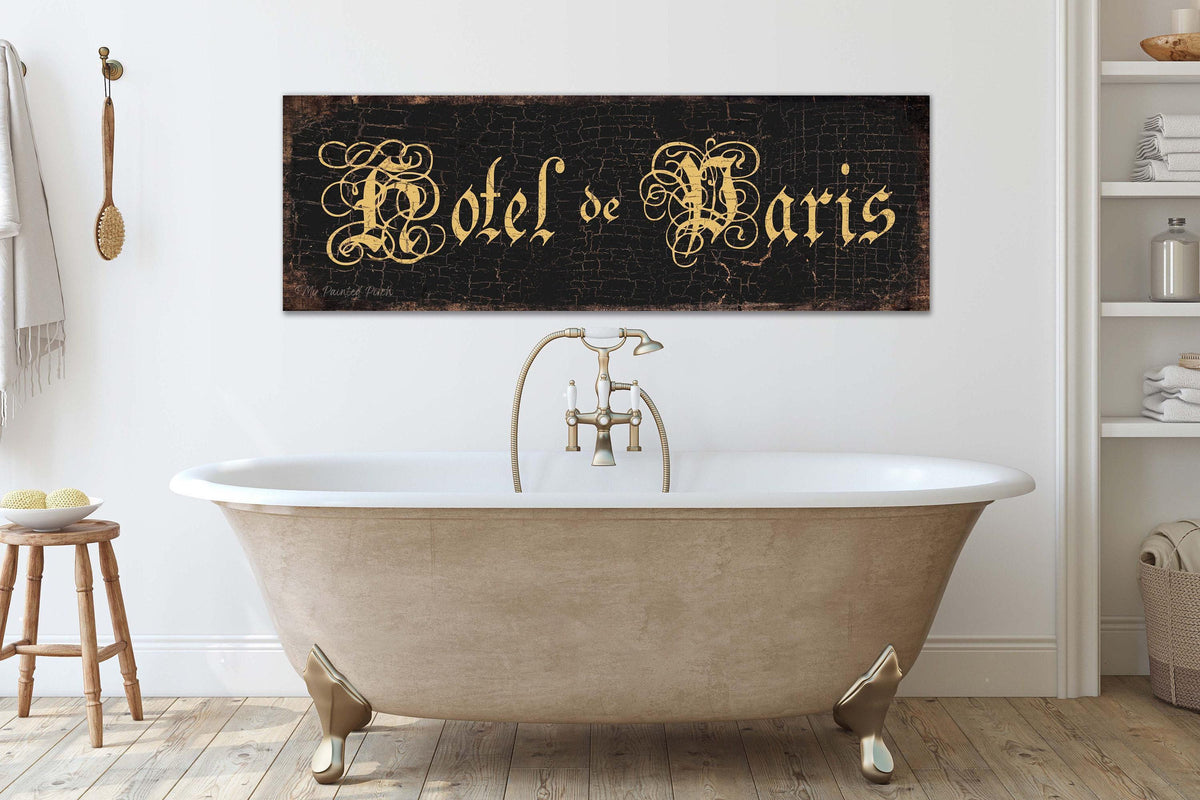 Hotel de Paris Sign Vintage Black Distressed Rustic Wall Art French Bathroom Guest Room Decor
