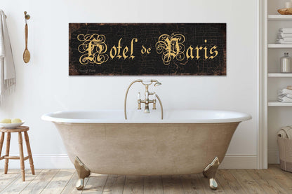 Hotel de Paris Sign Vintage Black Distressed Rustic Wall Art French Bathroom Guest Room Decor