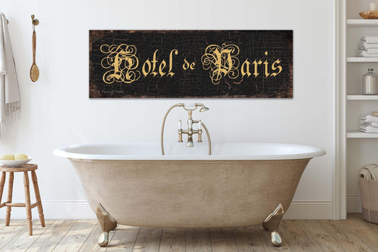 Hotel de Paris Sign Vintage Black Distressed Rustic Wall Art French Bathroom Guest Room Decor