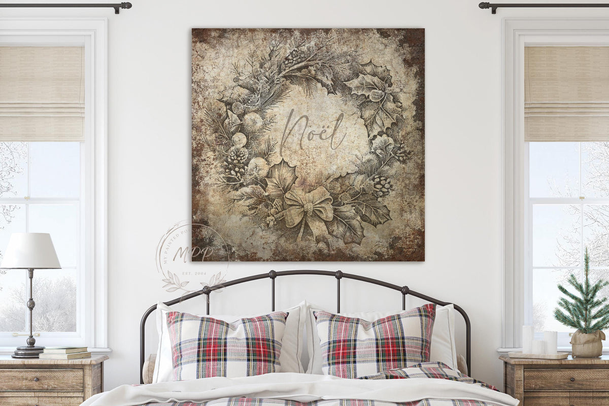 VINTAGE CHRISTMAS Sign Noel Wreath Square Distressed Canvas Farmhouse Decor Large Rustic Art Print