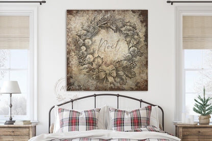 VINTAGE CHRISTMAS Sign Noel Wreath Square Distressed Canvas Farmhouse Decor Large Rustic Art Print