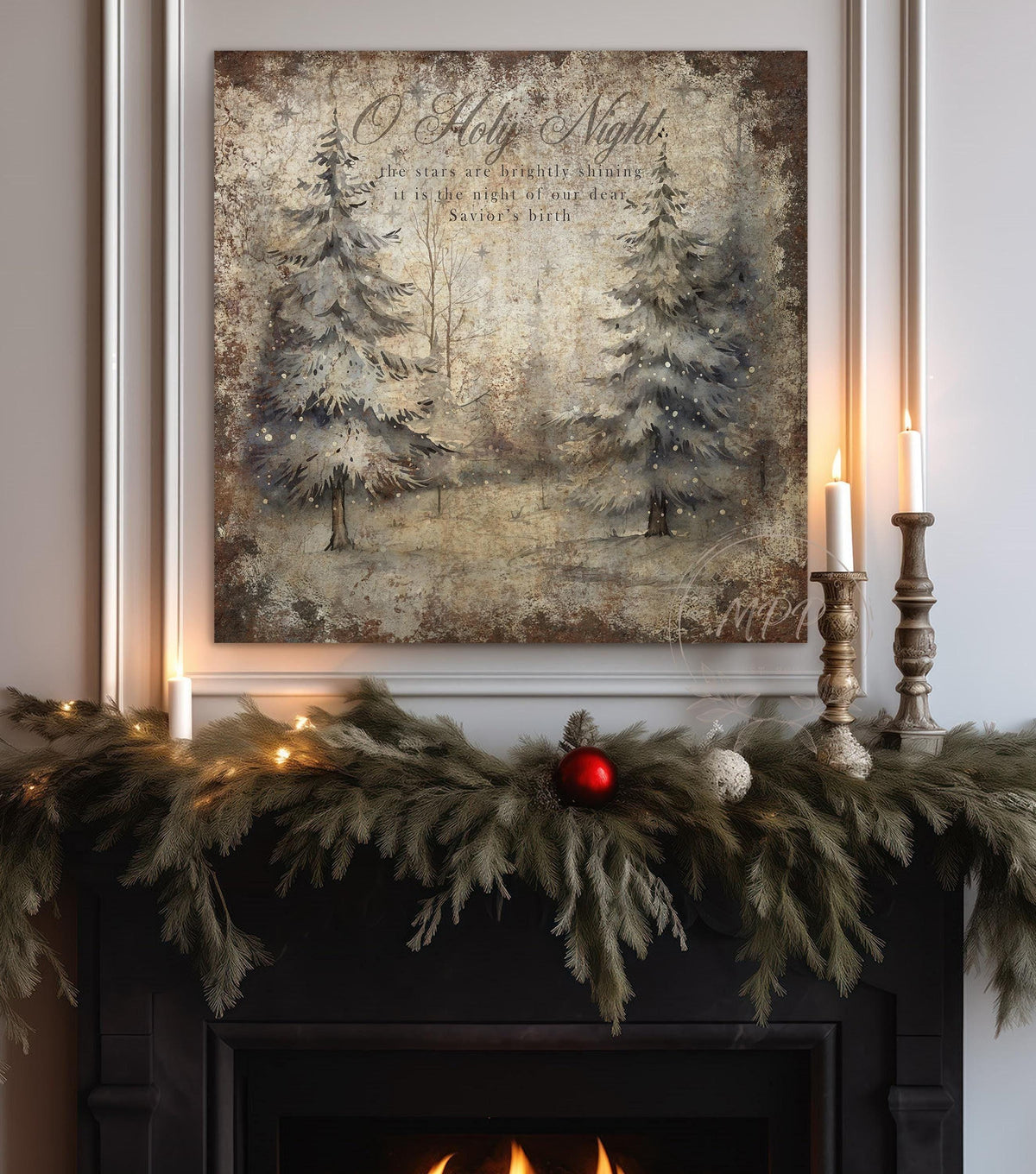 VINTAGE CHRISTMAS Wall Print Pine Forest Square Distressed Christmas Canvas Sign Modern Farmhouse Decor Large Canvas Rustic Wall Art Metal