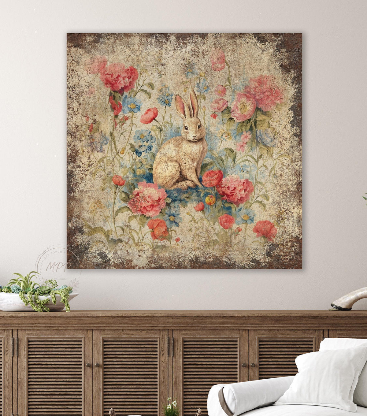 EASTER Bouquet Sign Vintage Inspired Square Distressed Over The Mantel Rustic Canvas Decor