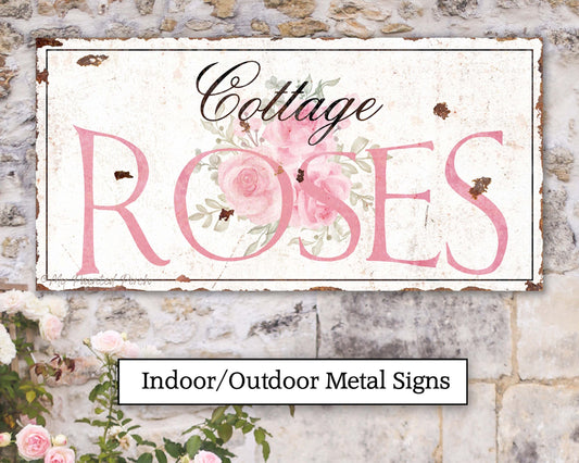 Cottage Roses Sign Vintage Cottagecore Garden Inspired Large Rustic Wall Art Print Porch Sunroom