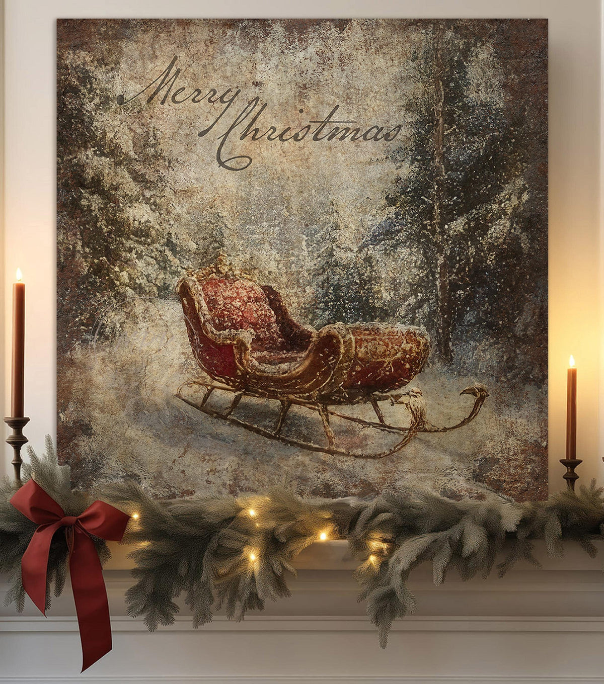 VINTAGE CHRISTMAS SLEIGH Sled Vintage Square Distressed Christmas Canvas Sign Modern Farmhouse Decor Large Canvas Rustic Wall Art Metal