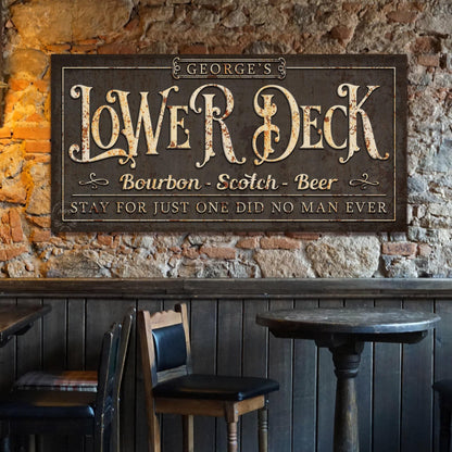 LOWER DECK Name Sign Vintage Basement Bar and Lounge Mancave Rustic Canvas Wall Art Print